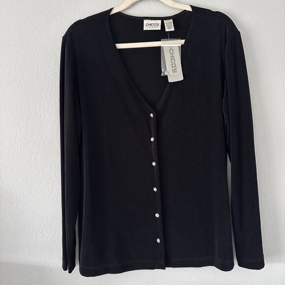 Chico's Travelers Cardigan Women Size 3/USXL Black Button Up Stretch Long Sleeve - Picture 1 of 8